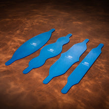 Load image into Gallery viewer, Four blue acrylic templates used for creating a nose straps made of leather for a horse, set on a brown textured leather background. 