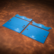 Load image into Gallery viewer, A set of acrylic blue templates for creating a custom `whatever&#39; wallet, laid out on a brown textured leather background. 