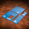 A set of blue acrylic templates for creating a custom cafe-racer style wallet, laid out on a brown textured leather background. 