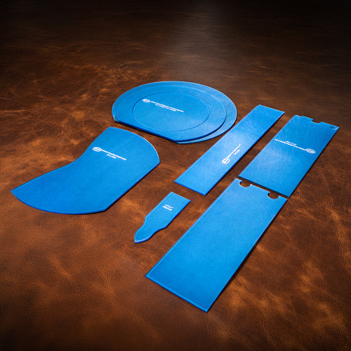 A set of blue acrylic templates for creating a custom canteen purse or bag made of leather. 