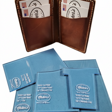 Brown leather cardholder with cards and blue paper packages on a white background