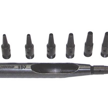 Black leather punch bit set with multiple bits on a white background