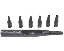 Load image into Gallery viewer, Black leather punch bit set with multiple bits on a white background