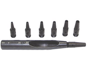 Black leather punch bit set with multiple bits on a white background