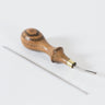 Montana Edger tool 4 by Ron's Tools with a metal tip and wooden handle, used for leatherworking and leathercraft creating fine edges on leather, displayed on a white background