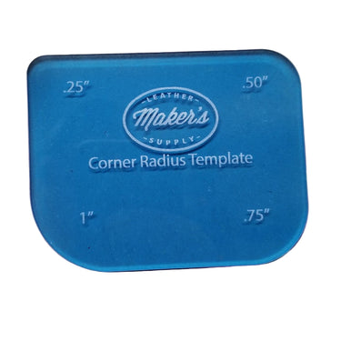 A blue acrylic corner radius template with various measurements marked on it, on a white background.