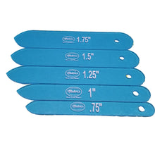 Load image into Gallery viewer, A set of blue acrylic strap end templates of various sizes placed on a white surface.