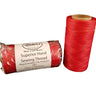 A spool of red hand sewing thread alongside its packaging, labeled 'MLL Superior Hand Sewing Thread, Waxed, Flat, Polyester'.
