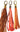 Three leather tassel clips in brown, red, and orange, with metal clasps on the top, displayed against a white background.