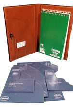 Load image into Gallery viewer, A set of acrylic templates laid out on a table with a finished padfolio and notepad in the background.