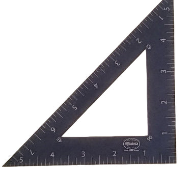 Black triangular acrylic ruler with measurement markings on a white background