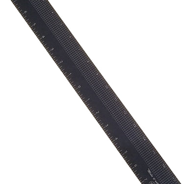 A navy blue 18 inch acrylic centering ruler with a grid on one side and markings on the other, placed on a white surface.