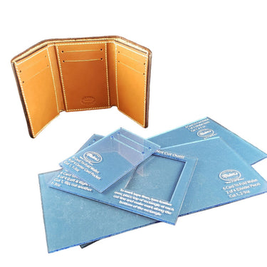 A set of blue acrylic tri-fold wallet templates with text on them, displayed in front of an orange tri-fold wallet.
