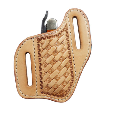 A leather belt slide pocket knife sheath displayed on a white background.
