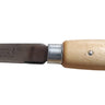 A knife with a wooden handle and a metallic blade, resting on a wooden surface.