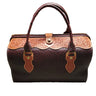 A brown leather doctor bag with a floral pattern and a rigid frame, displayed on a white background.