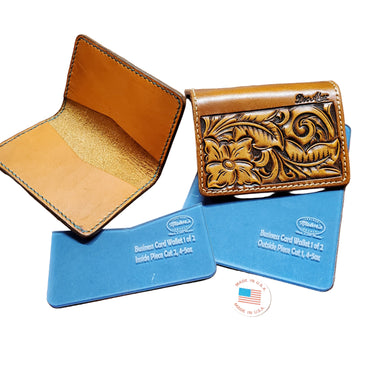 An acrylic template set for cutting out a wallet pattern, displayed next to a finished brown leather wallet with a decorative embossed design.