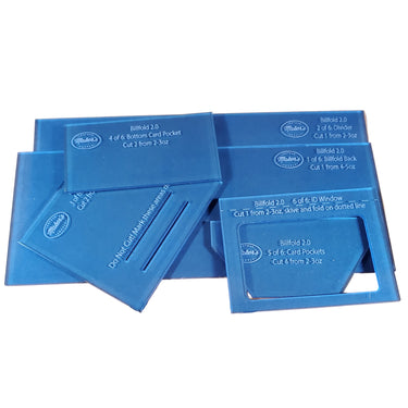 A set of multiple acrylic blue templates used in making multiple types of wallets, including, a billfold wallet.
