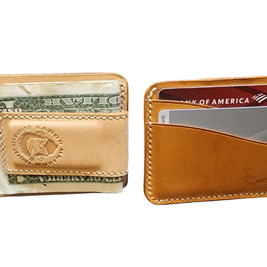 Two leather wallets, one with a magnetic money clip, placed on a white background.