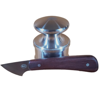 A skiving knife with a wooden handle and a metallic blade, placed on a white background.