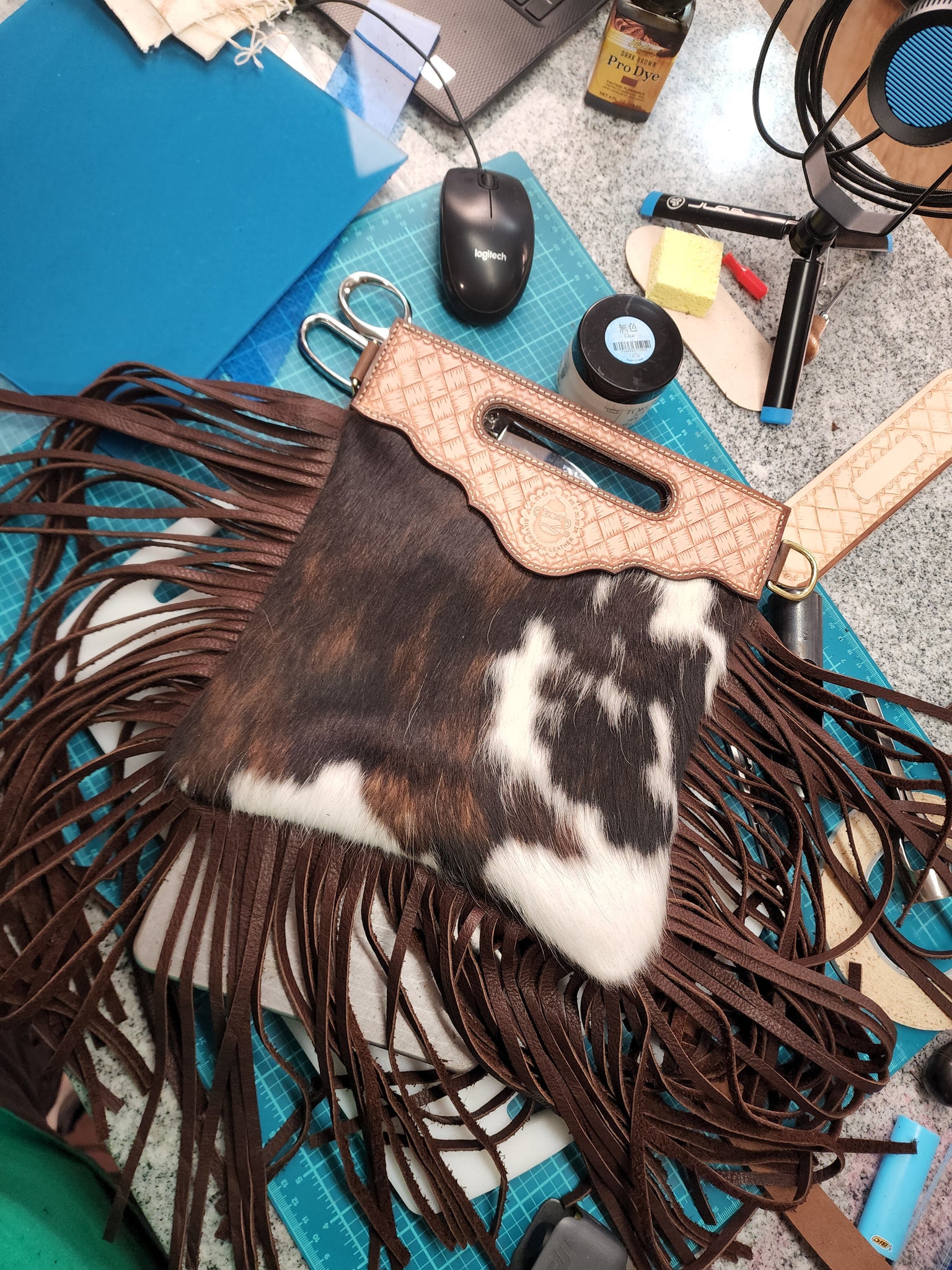 Round About Tooled Leather Hair on Hide Fringe Purse #4