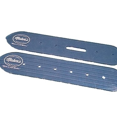 Two blue belt end template pieces with holes and branding on a white background.