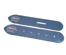 Load image into Gallery viewer, Two blue belt end template pieces with holes and branding on a white background.