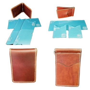 A set of brown leather front pocket wallets with a money clip feature, displayed alongside its blue pattern template.