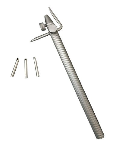 Metal stitch groover tool with interchangeable parts on a white background