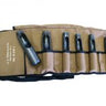 A set of belt punches in varying sizes, neatly arranged in a tool belt which is beige in color.