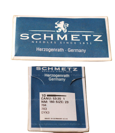 Packaging of SCHMETZ sewing machine needles, showing the brand name and the text 'Herzogenrath - Germany', indicating the place of manufacture.