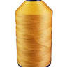 A spool of yellow bonded nylon thread for sewing machines.