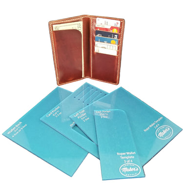 A set of blue acrylic templates for cutting leather, displayed next to a brown finished wallet, on a white background.