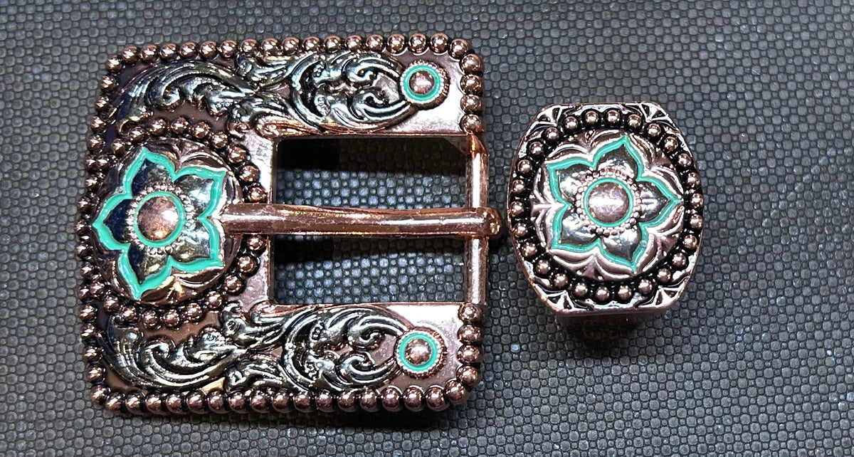 115)Turquoise and Copper Floral Buckle – Maker display picture 1