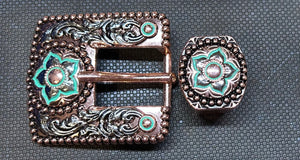 (115)Turquoise and Copper Floral Buckle