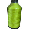 A spool of bright green nylon thread on a white  background