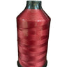 A spool of red bonded nylon thread for use with sewing machines.