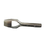 A steel bag punch tool resting in front of a white background.