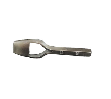 A steel bag punch tool resting in front of a white background.